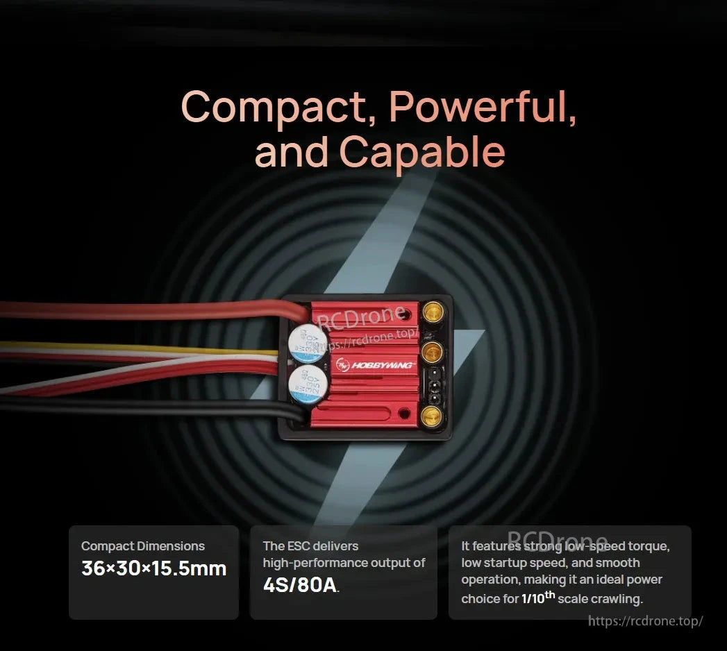 Hobbywing QuicRun WP 10BL80 crawler ESC with red heatsink case, wired leads, 36×30×15.5mm, 4S/80A