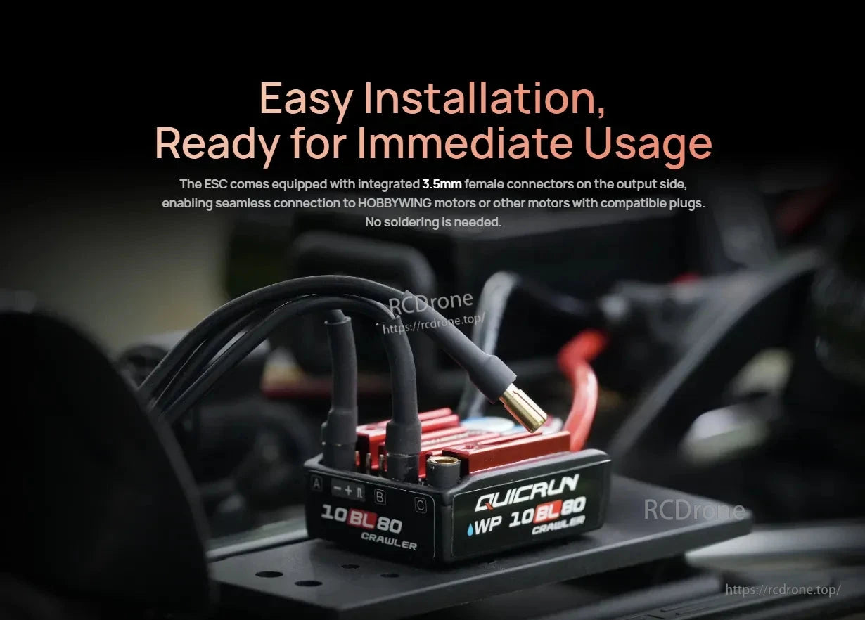 Hobbywing QuicRun WP 10BL80 crawler ESC installed in RC chassis with integrated 3.5mm motor connectors
