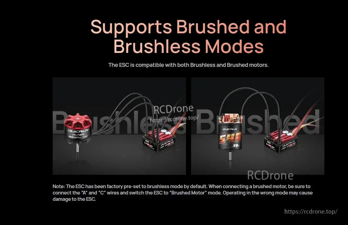 Hobbywing QuicRun WP 10BL80 crawler ESC wiring graphic showing support for brushed and brushless motor modes
