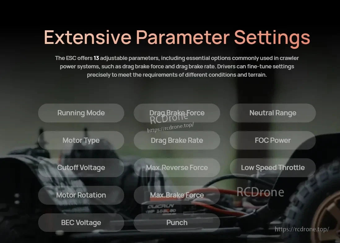 Hobbywing QuicRun WP 10BL80 crawler ESC graphic listing 13 adjustable settings like drag brake force, BEC voltage and punch