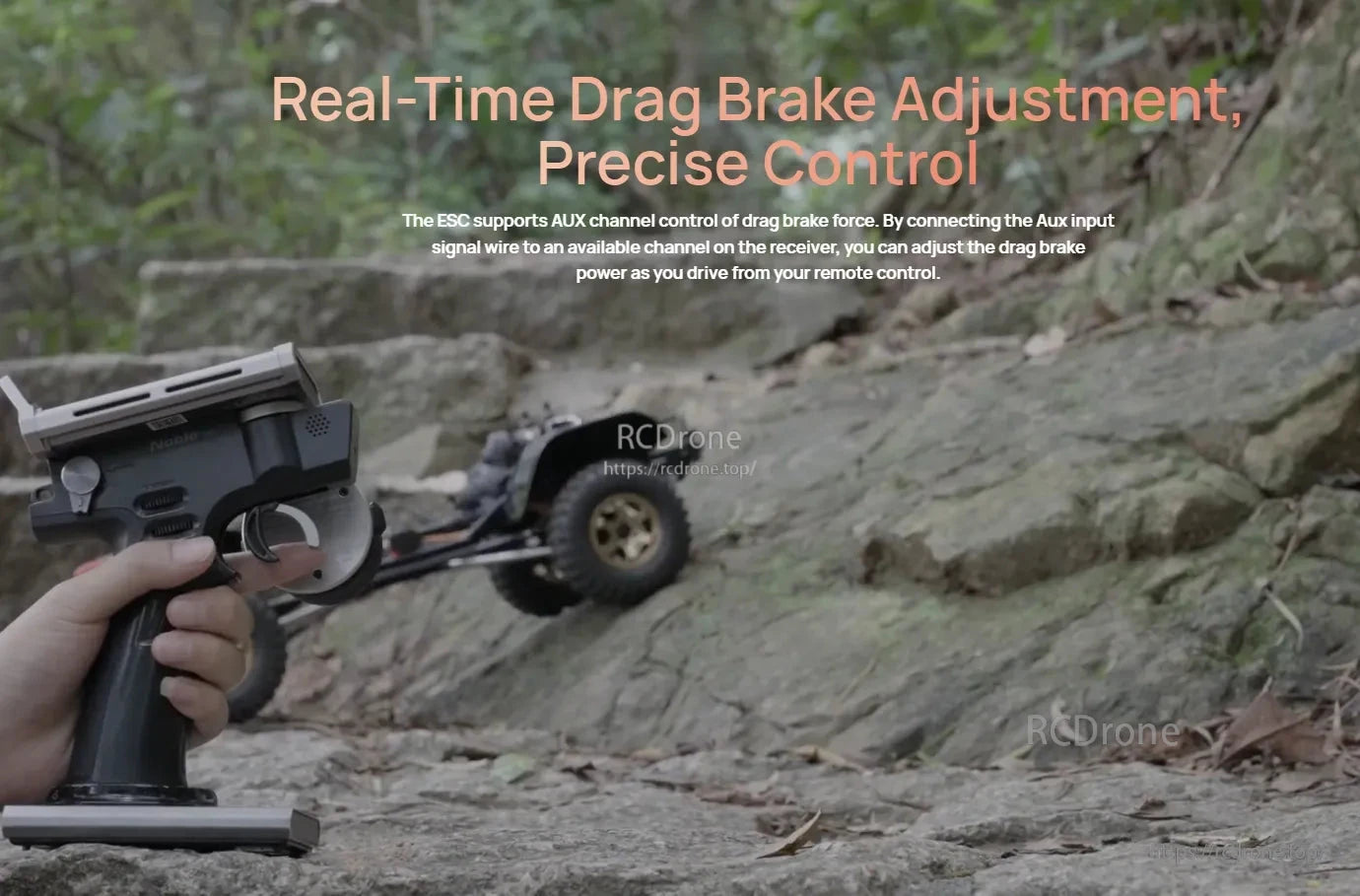 Hobbywing QuicRun WP 10BL80 Crawler ESC, RC crawler transmitter controlling a rig on rocks with text about real-time drag brake adjustment via AUX channel
