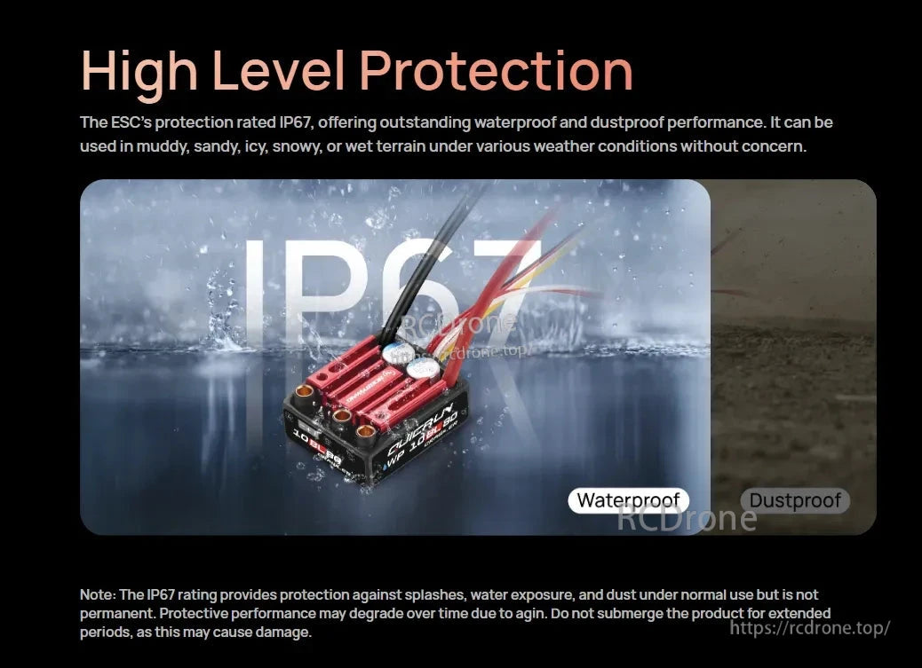 Hobbywing QuicRun WP 10BL80 crawler ESC with red heatsink and wires, labeled IP67 waterproof and dustproof