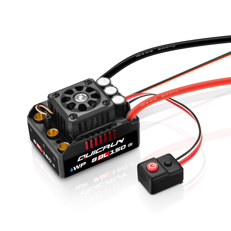 Hobbywing QuicRun WP 8BL150 G2 ESC, Hobbywing QuicRun WP 8BL150 G2 brushless RC ESC with cooling fan, external switch, and 10AWG power leads