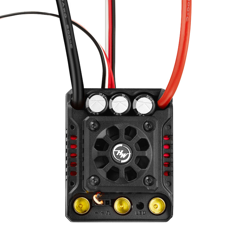 Hobbywing QuicRun WP 8BL150 G2 ESC, Hobbywing QuicRun WP 8BL150 G2 brushless ESC with cooling fan, capacitors, and heavy-gauge power leads