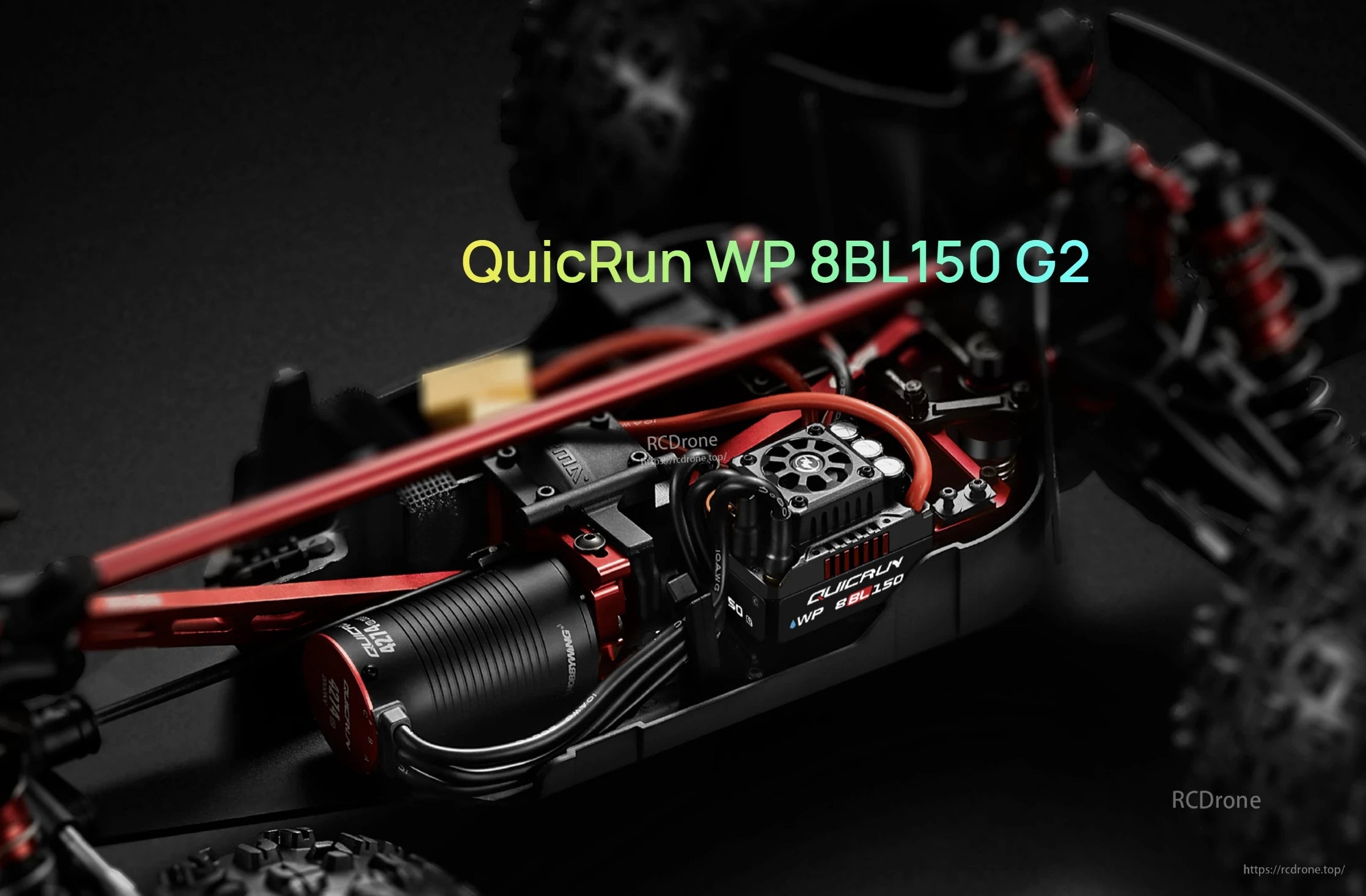 Hobbywing QuicRun WP 8BL150 G2 ESC installed in an RC car chassis with brushless motor and wiring