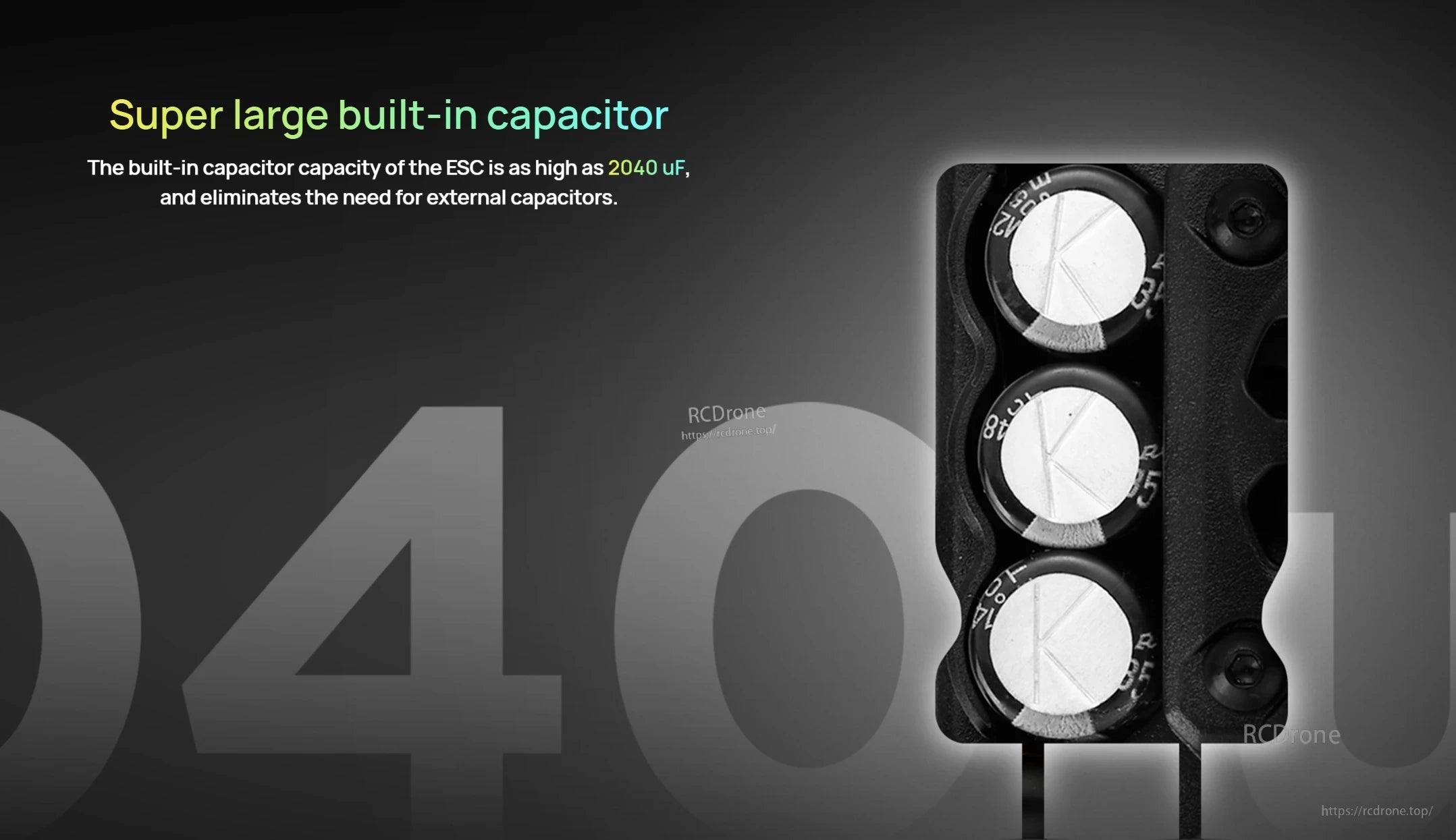 Close-up of Hobbywing QuicRun WP 8BL150 G2 ESC showing three large built-in electrolytic capacitors and output wires