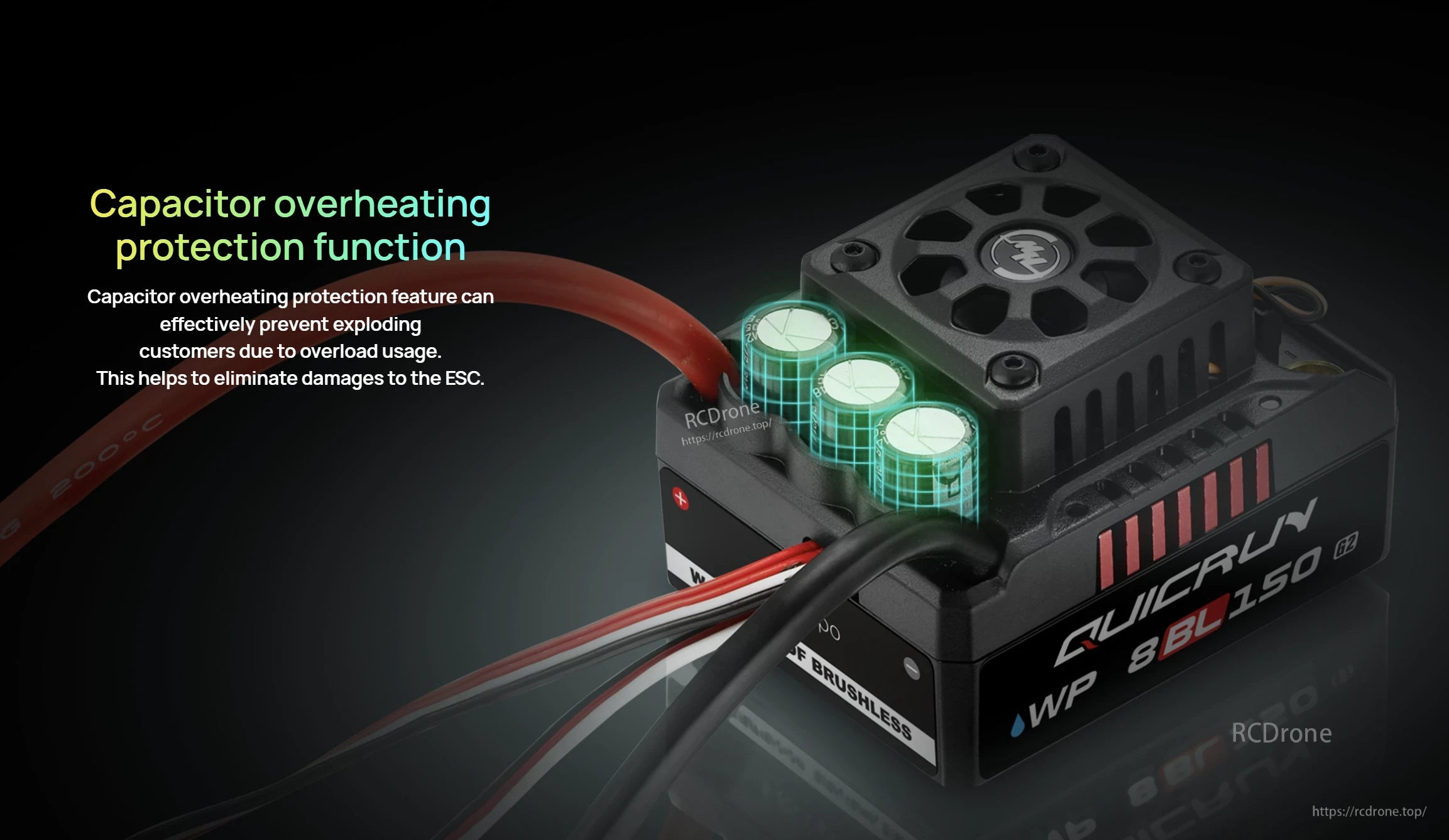 Hobbywing QuicRun WP 8BL150 G2 ESC with top cooling fan, red power lead, black motor wires and highlighted capacitors for protection