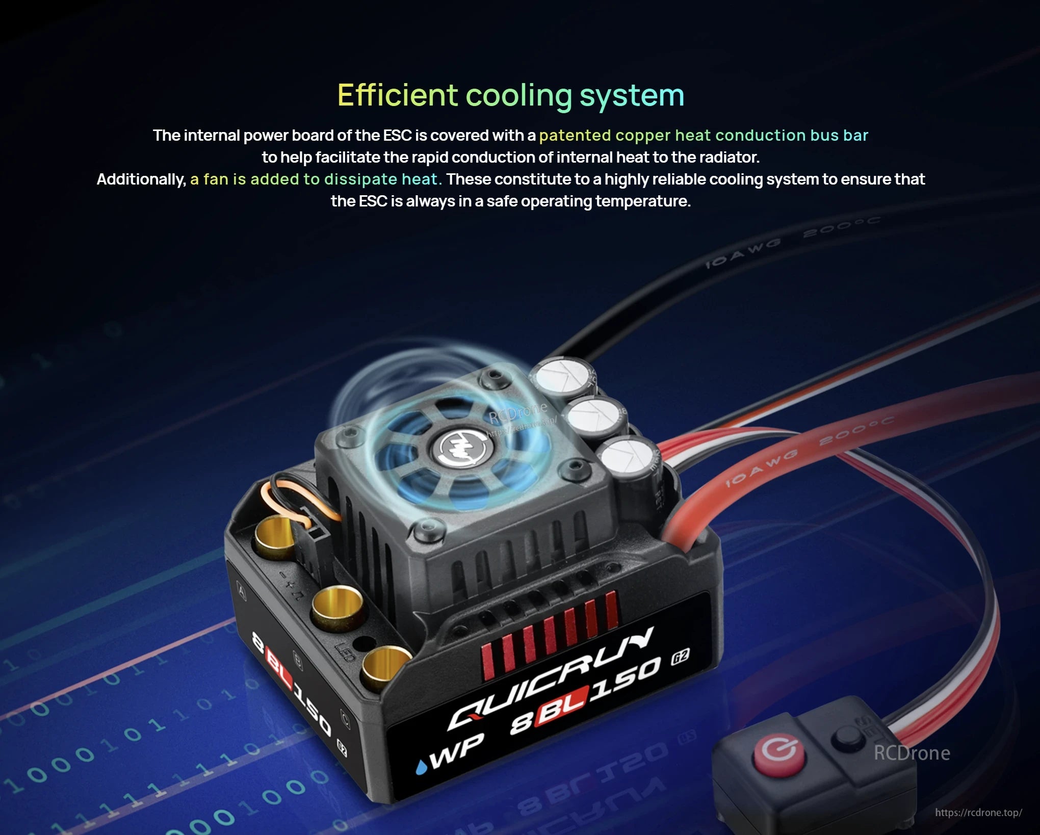 Hobbywing QuicRun WP 8BL150 G2 ESC, Hobbywing QuicRun WP 8BL150 G2 brushless ESC with top cooling fan, capacitors, power leads, and on/off switch