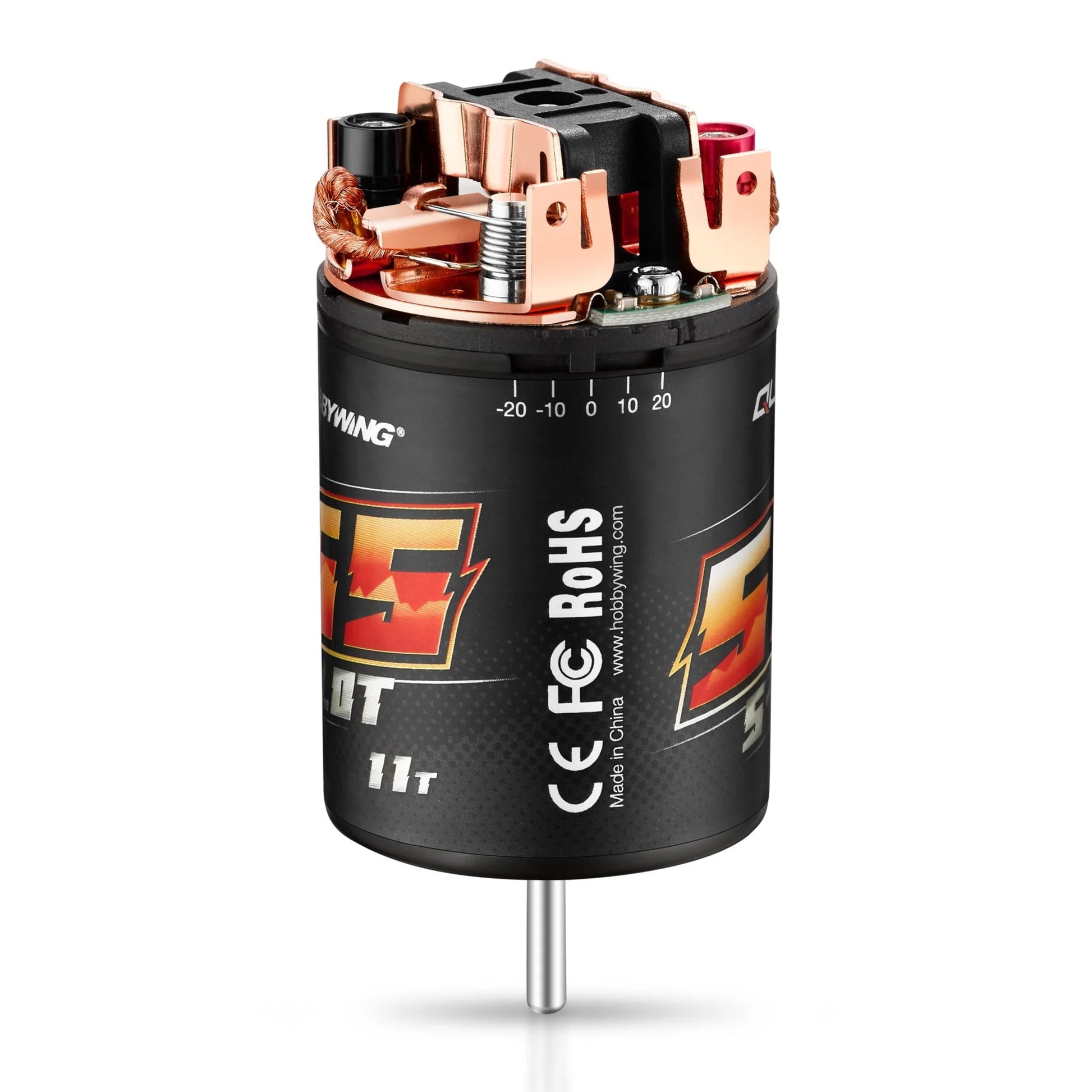 Hobbywing Quicrun 540 Brushed Motor, Hobbywing Quicrun 540 brushed RC motor with open endbell, timing marks and 11T label on black can