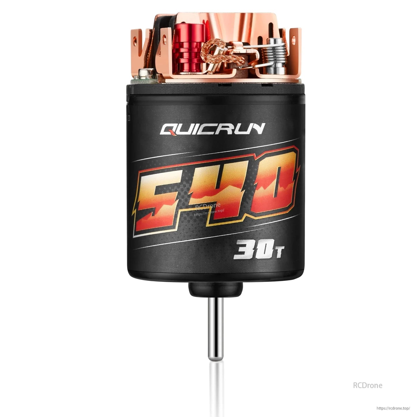 Hobbywing Quicrun 540 Brushed Motor, Hobbywing Quicrun 540 brushed RC motor with 30T can, exposed brush and spring assembly, and steel shaft