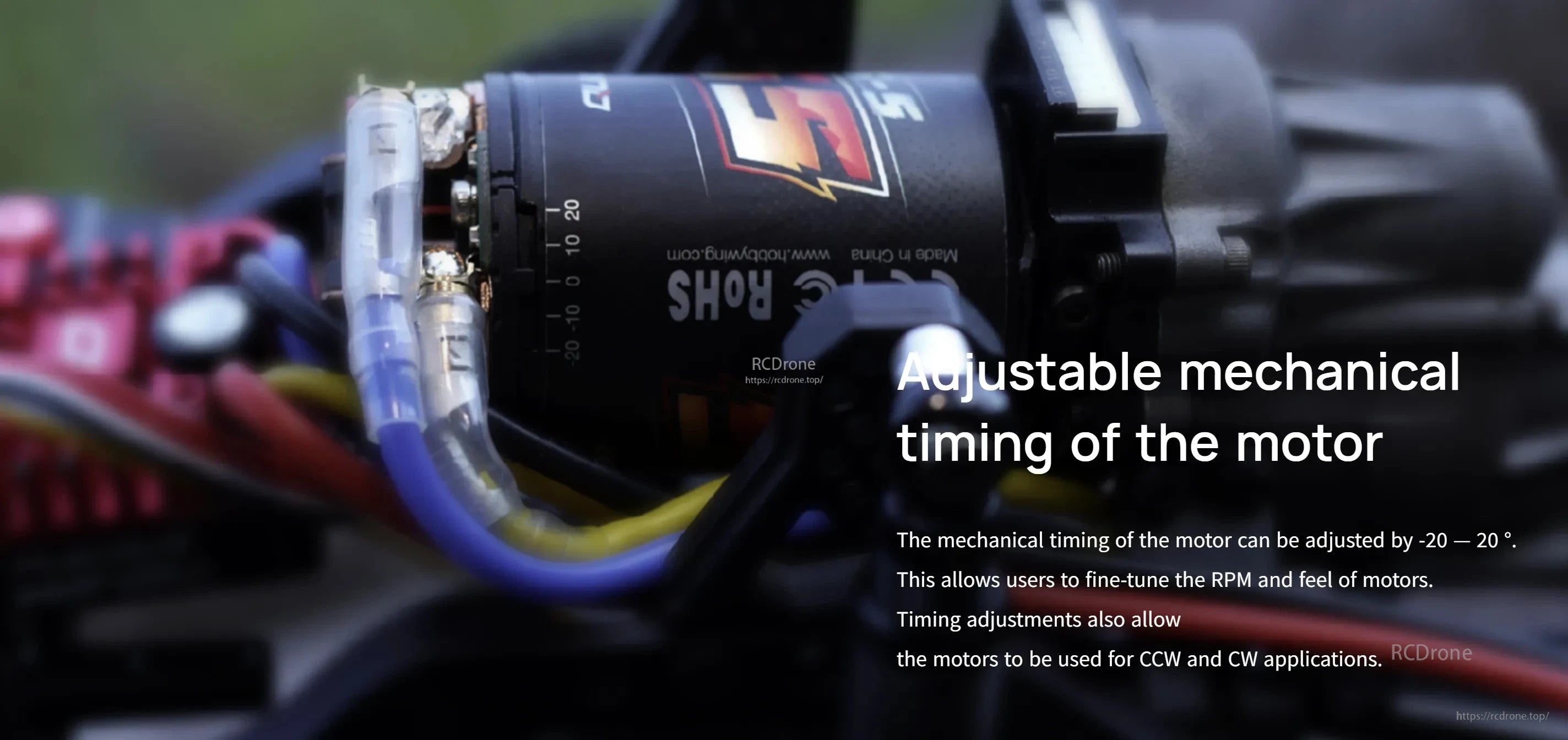 Hobbywing Quicrun 540 brushed motor with adjustable mechanical timing scale marked from -20° to 20°