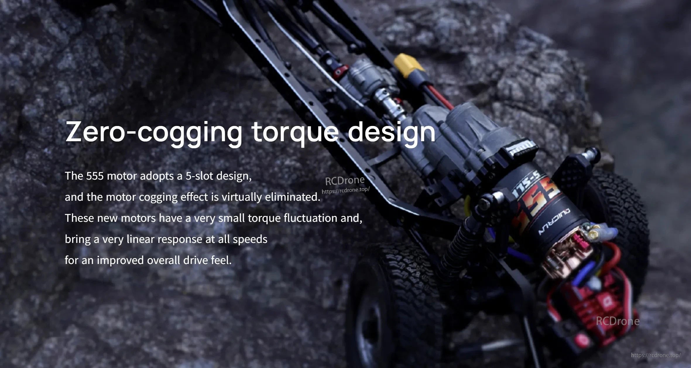 Hobbywing Quicrun 540 Brushed Motor, Hobbywing Quicrun RC motor installed in a rock crawler chassis, with “zero-cogging torque design” text overlay