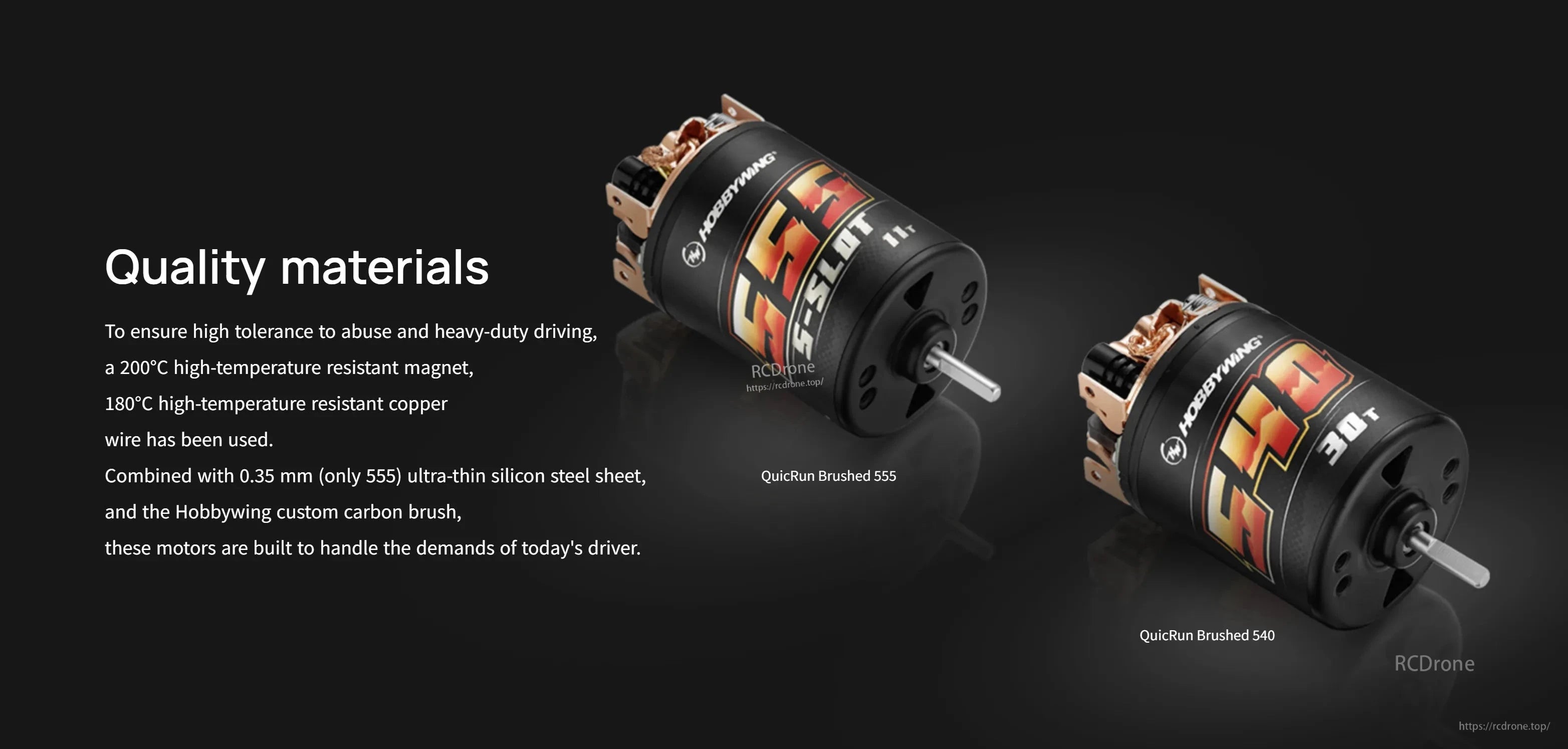 Hobbywing Quicrun 540 brushed motor with black can, exposed output shaft, and solder tabs on the rear endbell