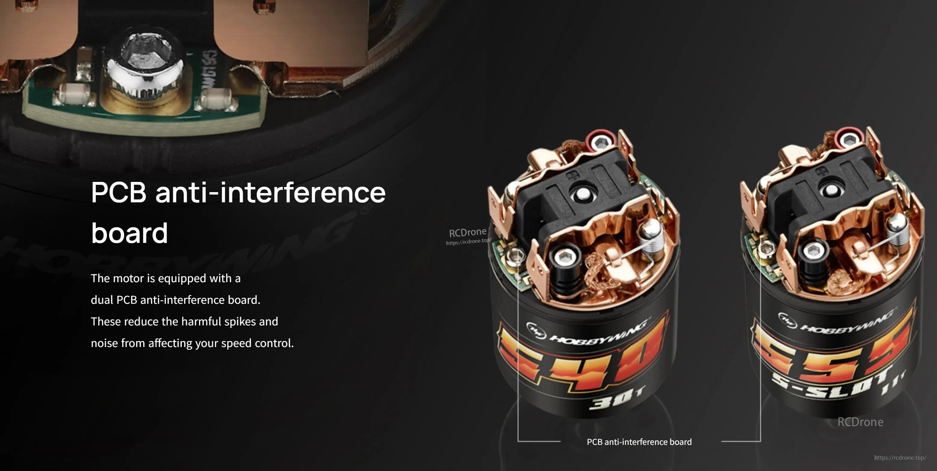 Hobbywing Quicrun 540 brushed motor with open endbell showing PCB anti-interference board and brush assembly