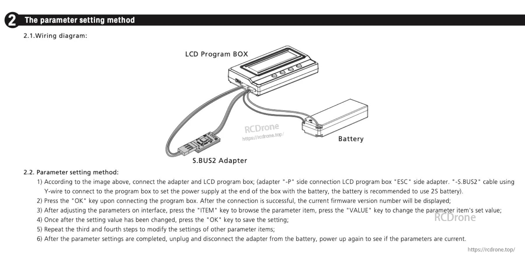Wiring diagram for Hobbywing S.BUS2 telemetry adapter connecting an LCD program box to a battery
