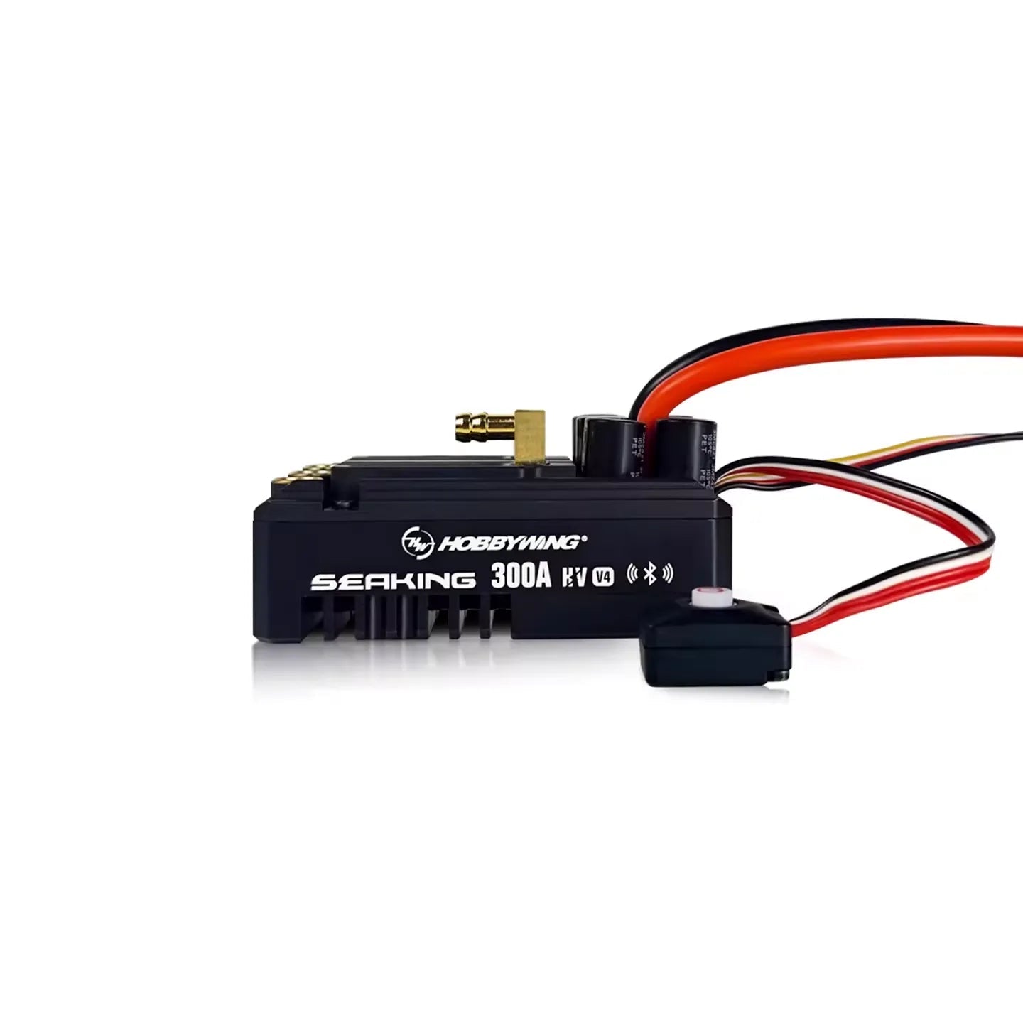 Hobbywing Seaking 300A HV V4 boat ESC with heavy-gauge power leads, capacitors, and external switch module