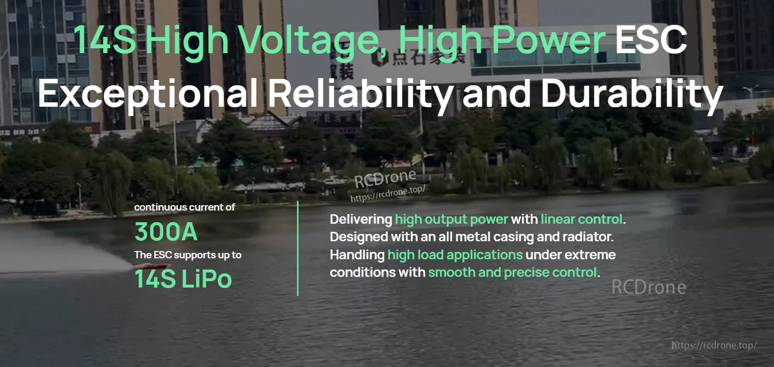 Hobbywing SEAKING 300A HV V4 Boat ESC, Hobbywing SEAKING HV V4 boat ESC spec graphic listing 300A continuous current and support for up to 14S LiPo