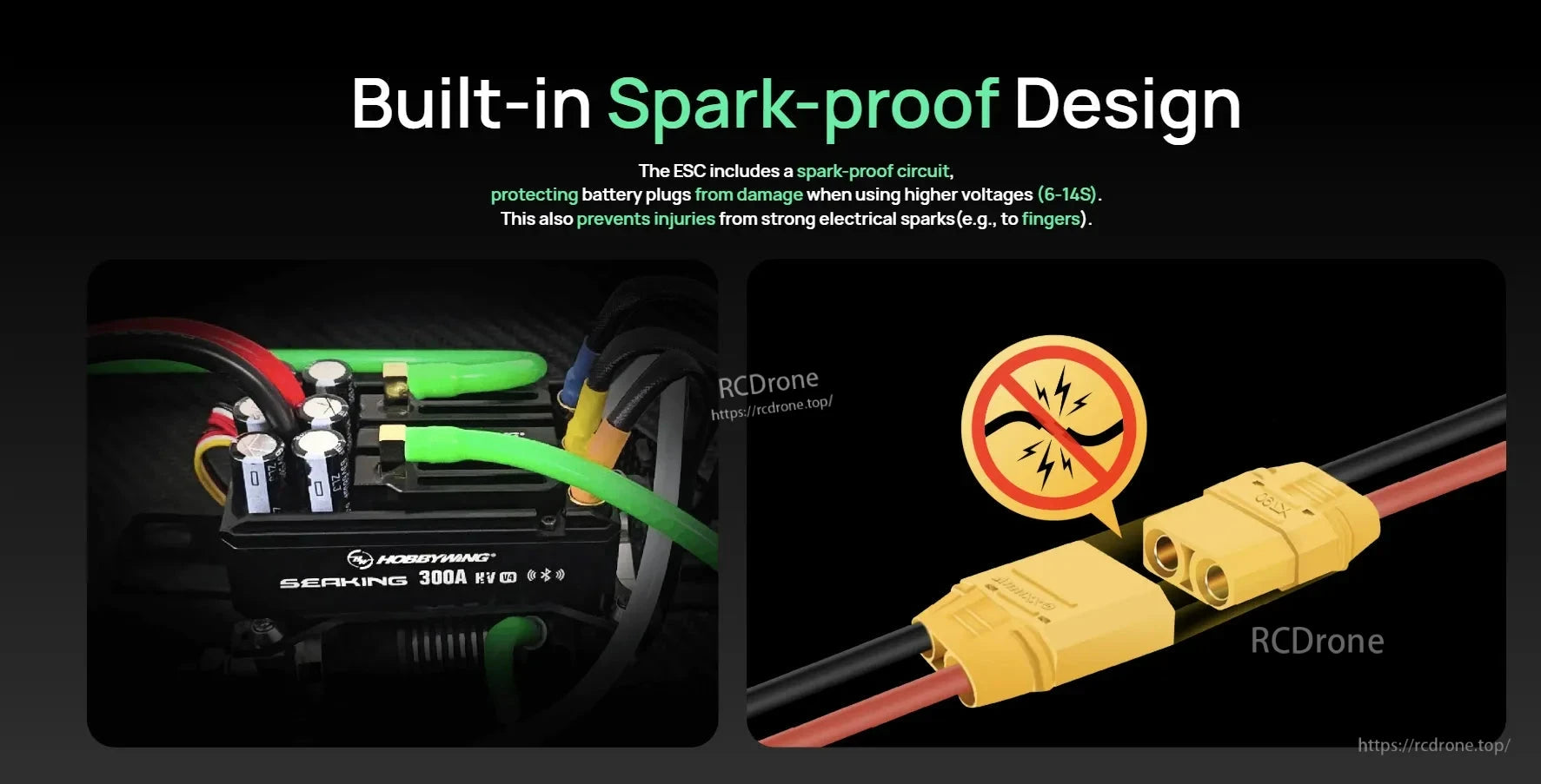 Hobbywing Seaking 300A HV V4 boat ESC with built-in spark-proof design and anti-spark battery connector