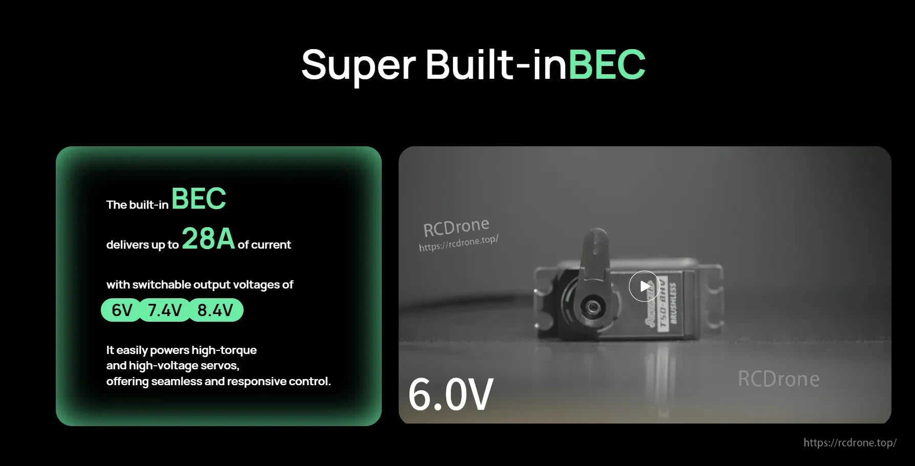 Hobbywing Seaking 300A HV V4 boat ESC graphic highlighting built-in BEC up to 28A with 6V, 7.4V, 8.4V output