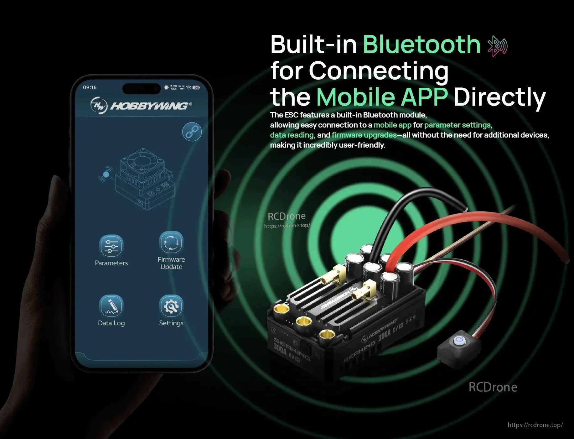 Hobbywing Seaking 300A HV V4 boat ESC with built-in Bluetooth, mobile app screen for settings and data log