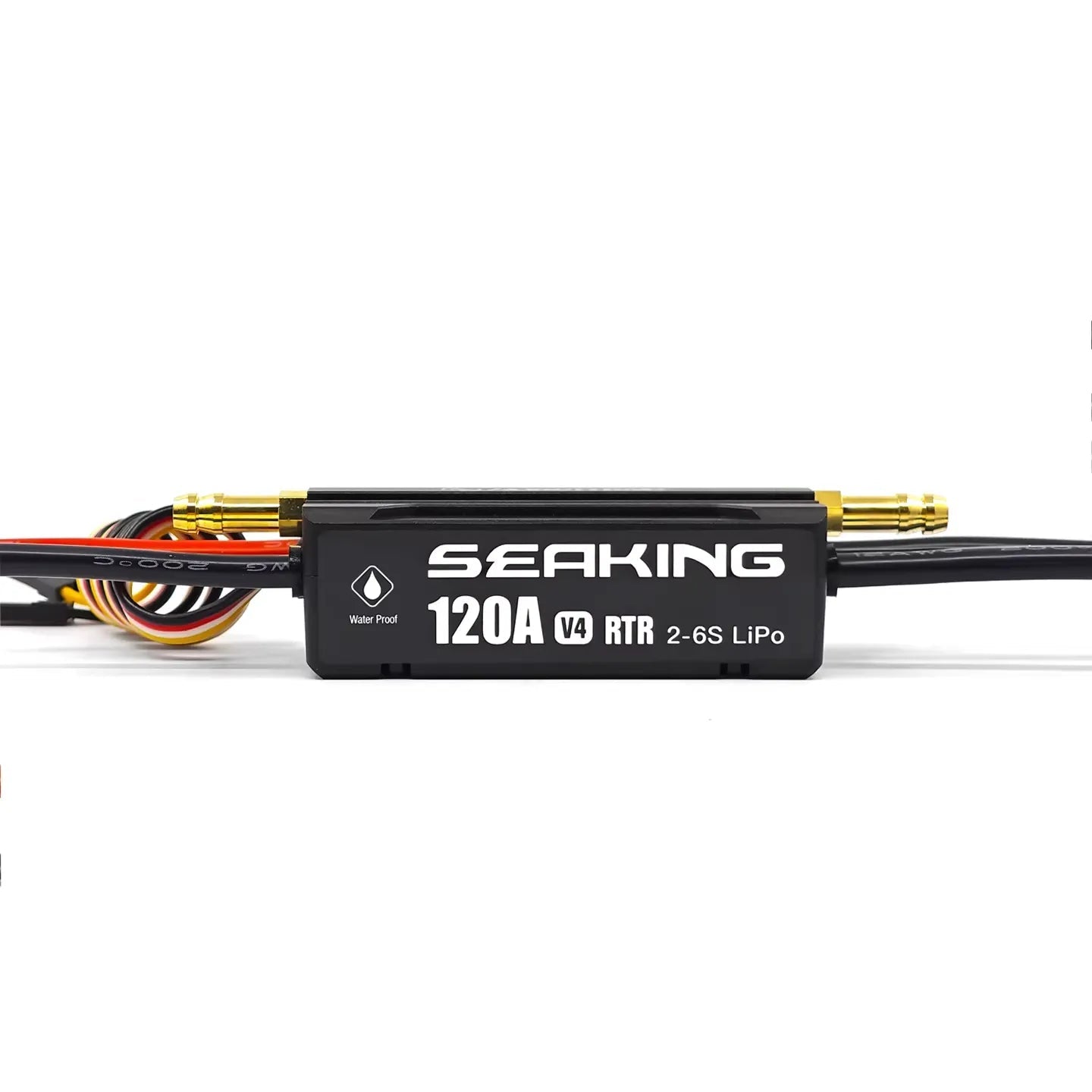 Hobbywing SeaKing 120A V4 marine ESC with waterproof casing, 2–6S LiPo label, and attached motor leads