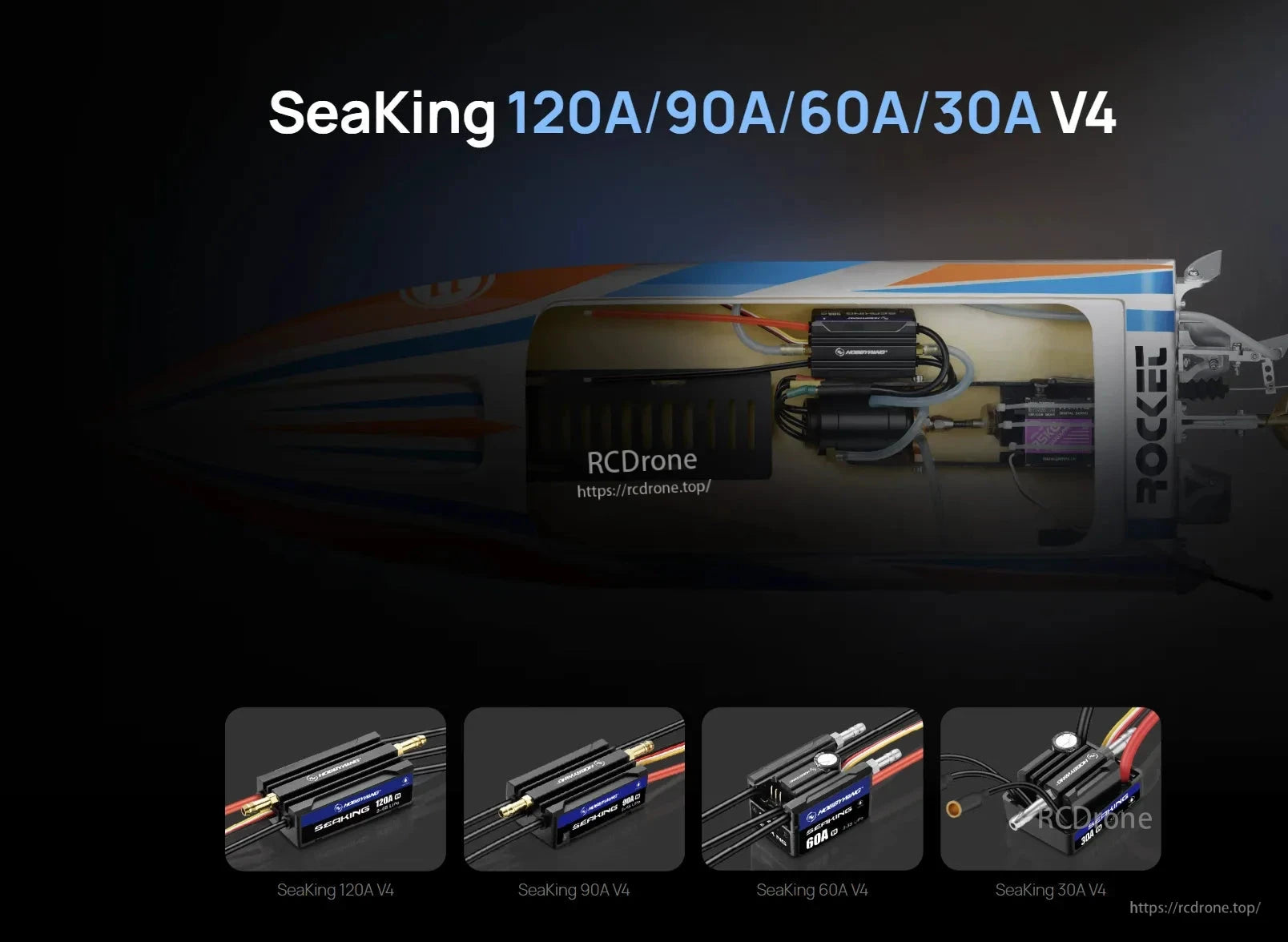 Hobbywing SeaKing V4 120A marine ESC installed in an RC boat, with water-cooling tubes and wiring connections