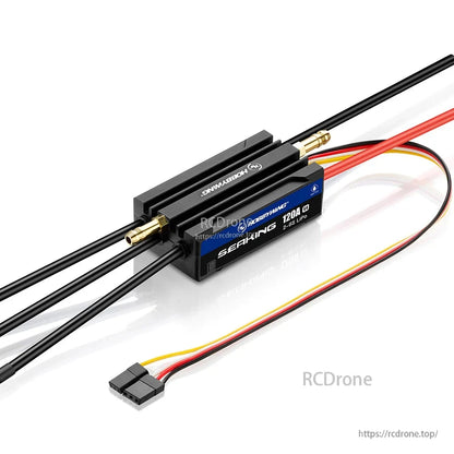 Hobbywing SeaKing 120A V4 marine ESC with water-cooling tubes, 2–6S LiPo label, and receiver lead