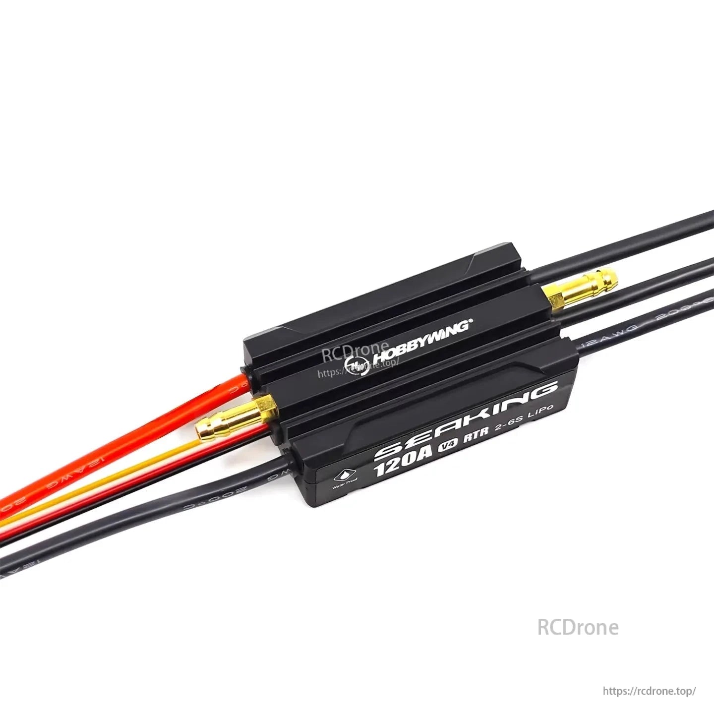 Hobbywing SeaKing 120A V4 marine ESC for 2–6S LiPo with black heatsink case, power leads and gold bullet connectors