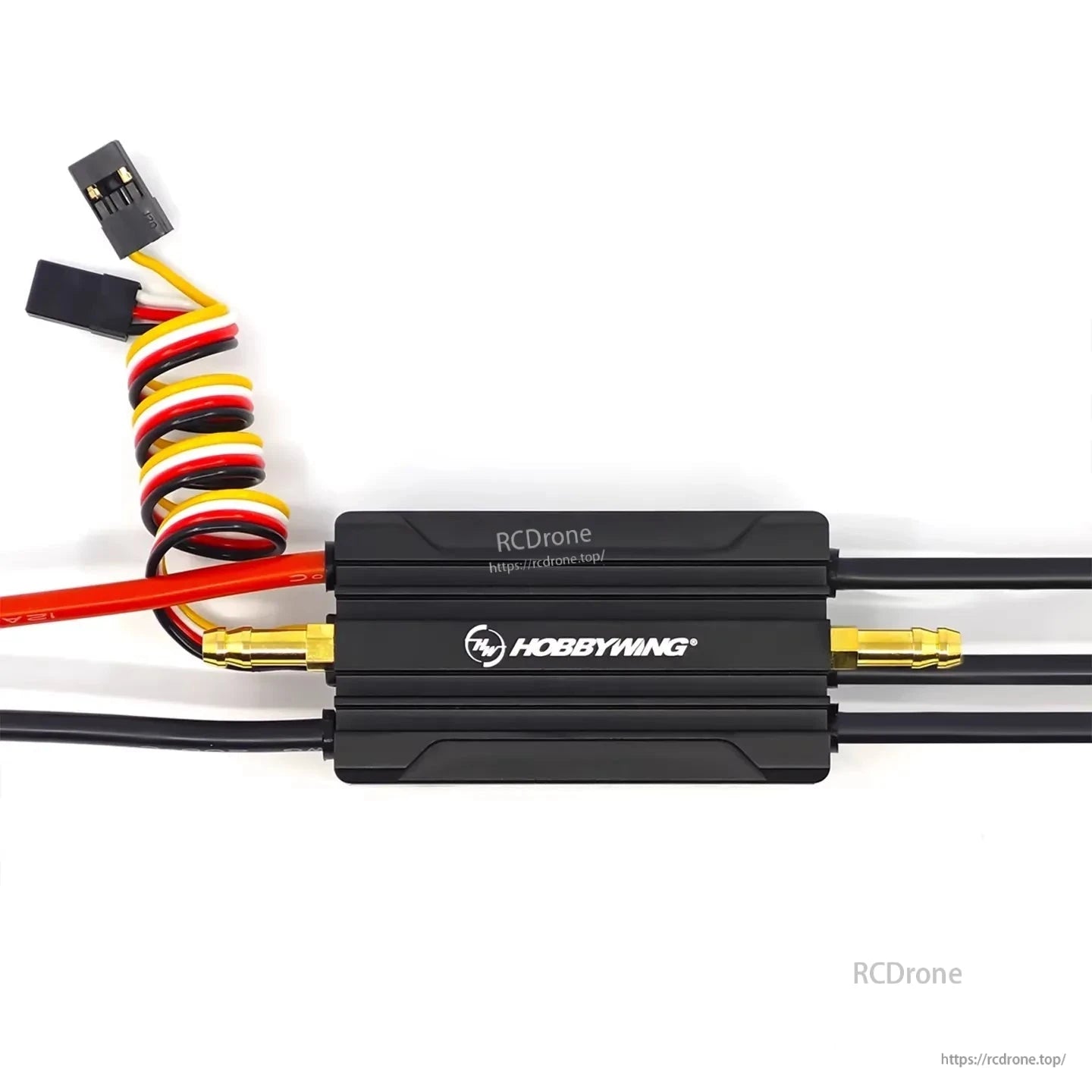 Hobbywing SeaKing marine ESC with black heat sink case, water-cooling tubes, receiver lead, and bullet connectors