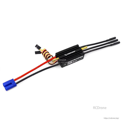 Hobbywing SeaKing 120A V4 marine ESC with blue battery plug, bullet motor leads, and receiver cable