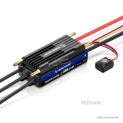 Hobbywing SeaKing 200A HV V4 brushless RC boat ESC with heatsink, water-cooling ports, and wired switch