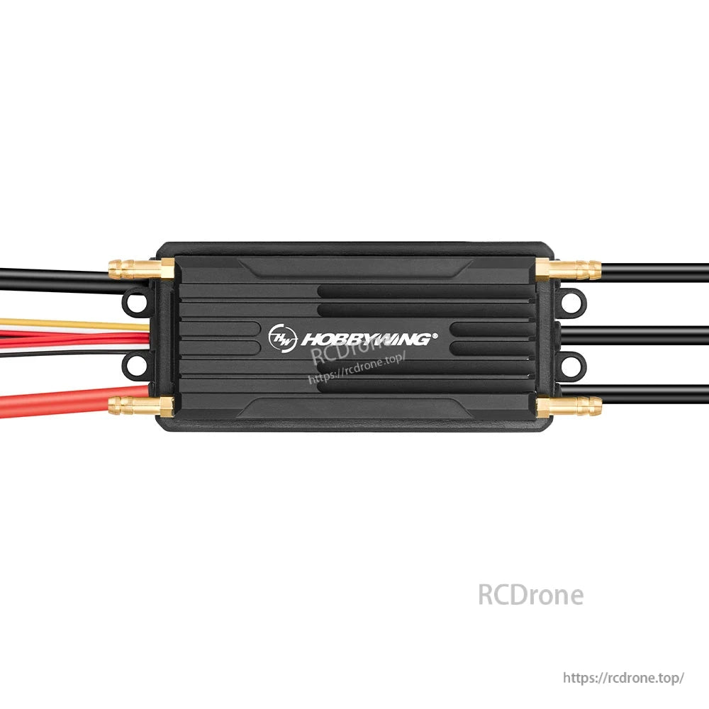 Hobbywing SeaKing brushless RC boat ESC with ribbed black case, mounting tabs, and attached power and motor leads
