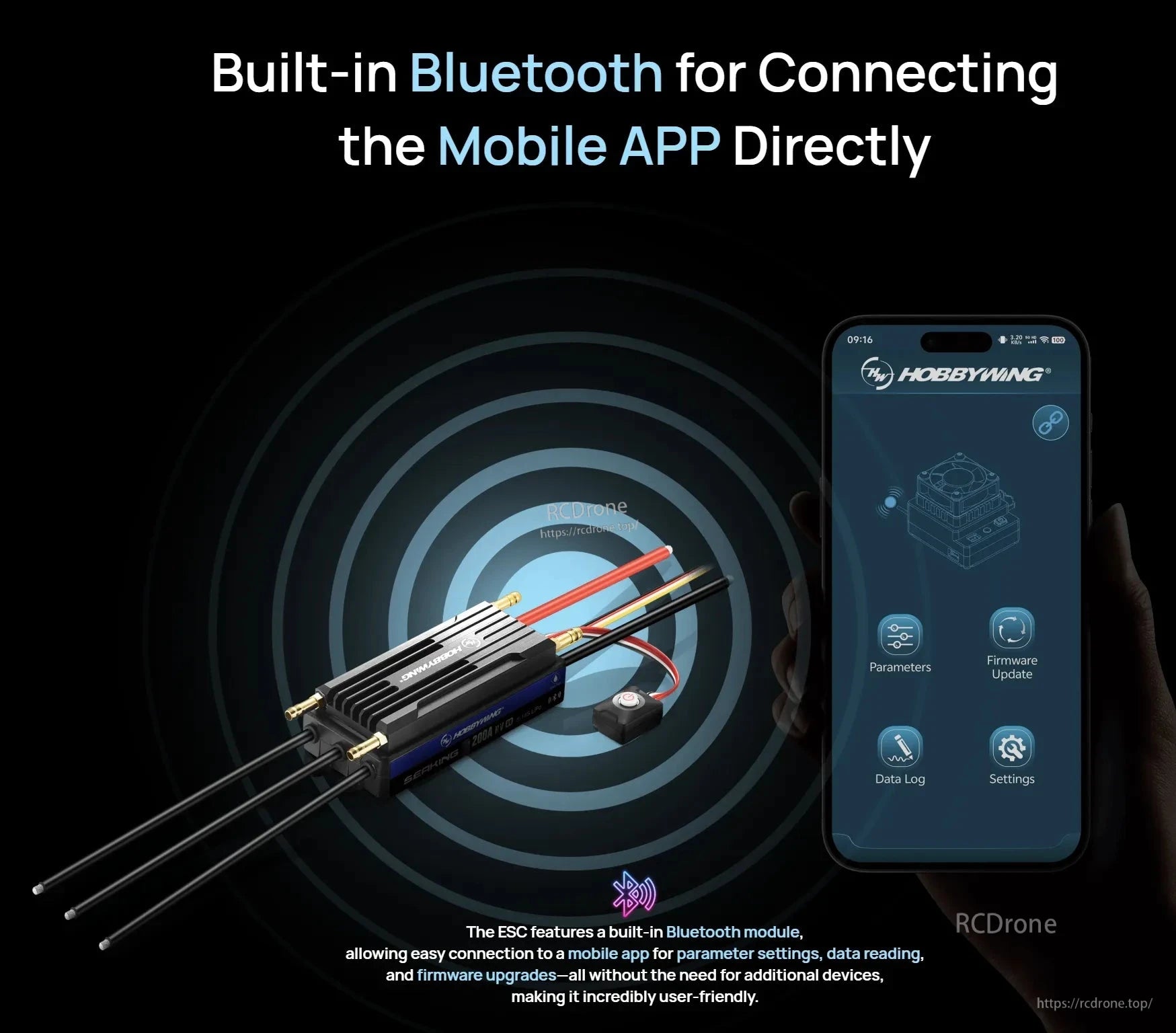 Hobbywing SeaKing 200A HV V4 brushless RC boat ESC with built-in Bluetooth app connection screen