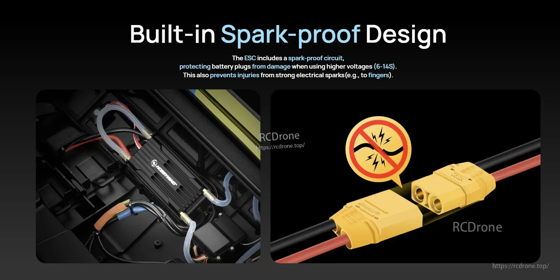 Hobbywing SeaKing HV V4 RC boat ESC with built-in spark-proof design, shown with anti-spark battery connector