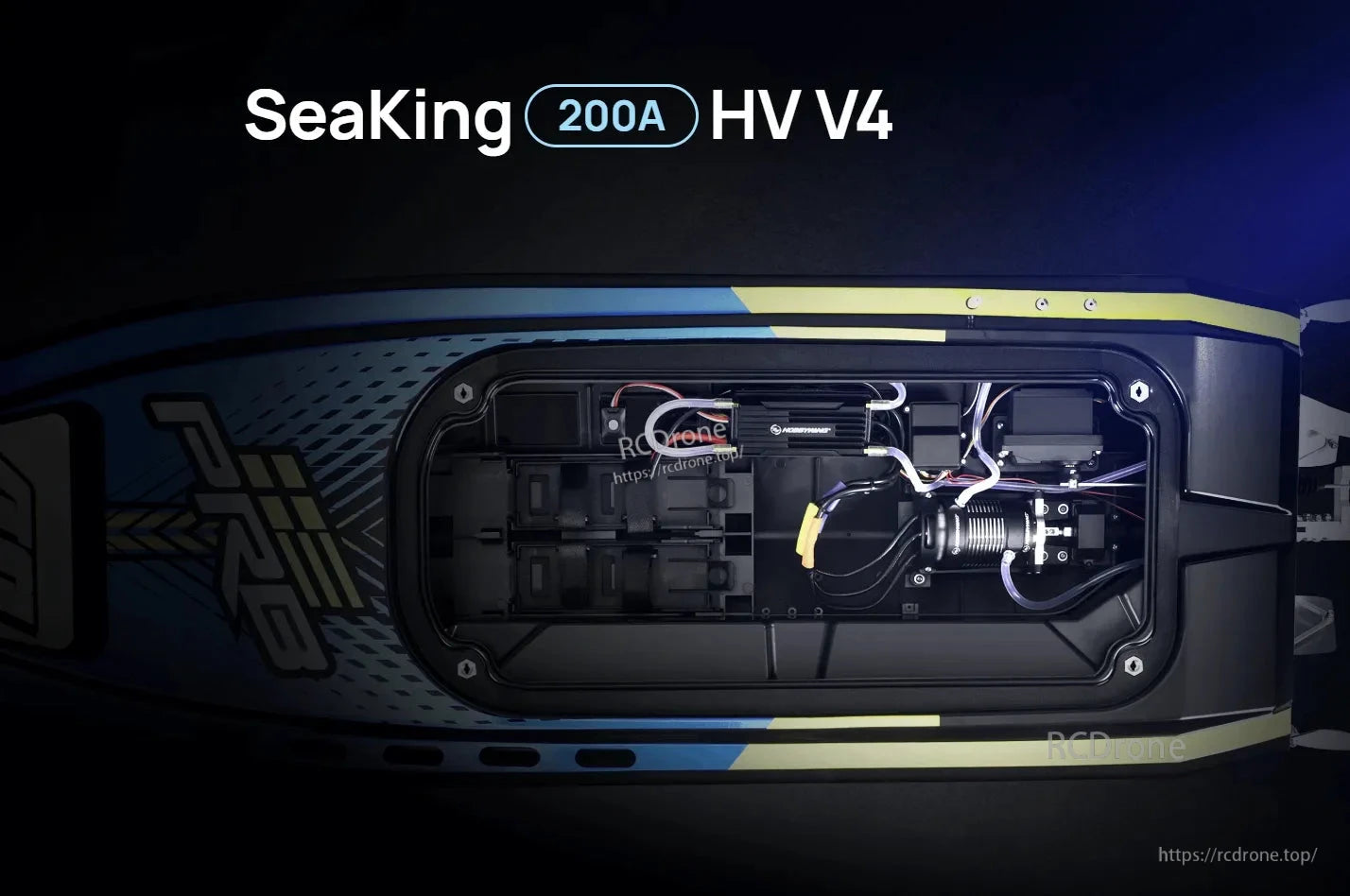 Top view of RC boat hull interior with Hobbywing SeaKing 200A HV V4 ESC, wiring harness, and motor.