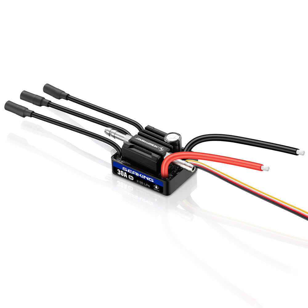 Hobbywing SeaKing 90A V4 RC Boat ESC, Hobbywing SeaKing V4 RC boat ESC with three motor bullet leads, battery wires, and receiver signal cable