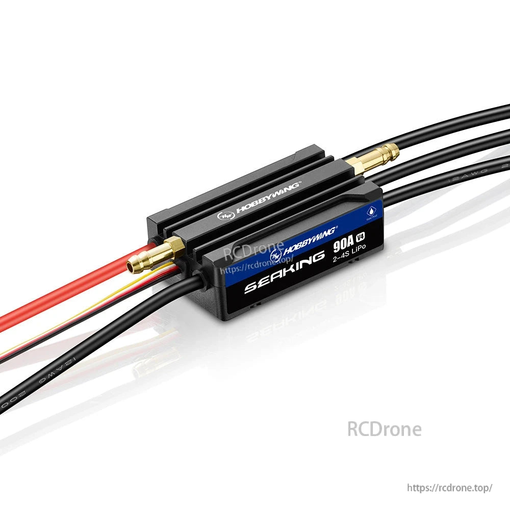 Hobbywing SeaKing 90A V4 RC boat ESC with finned heatsink and brass water-cooling fittings, labeled 2–4S LiPo