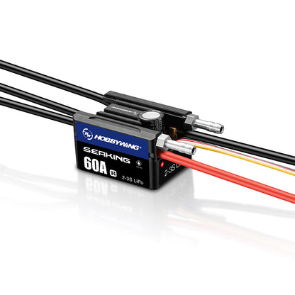 Hobbywing SeaKing 90A V4 RC Boat ESC, Hobbywing SeaKing V4 RC boat ESC labeled 60A, with cooling fins and pre-soldered power and signal wires