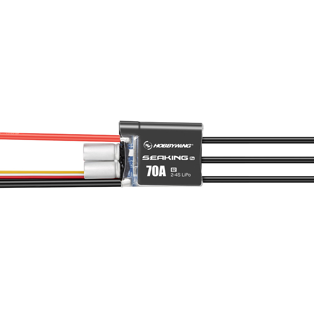 Hobbywing SeaKing Pro 70A G2 boat ESC with labeled 70A case, 2–4S LiPo rating, and pre-wired leads
