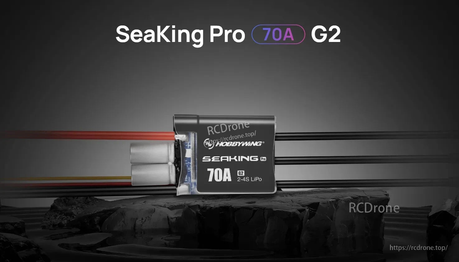 Hobbywing SeaKing Pro 70A G2 boat ESC with wired leads and label showing 70A and 2-4S LiPo support