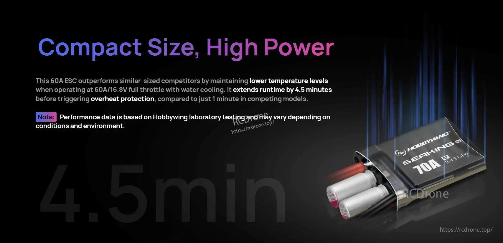 Hobbywing SeaKing Pro 70A G2 boat ESC with water-cooling tubes and 2–4S LiPo label