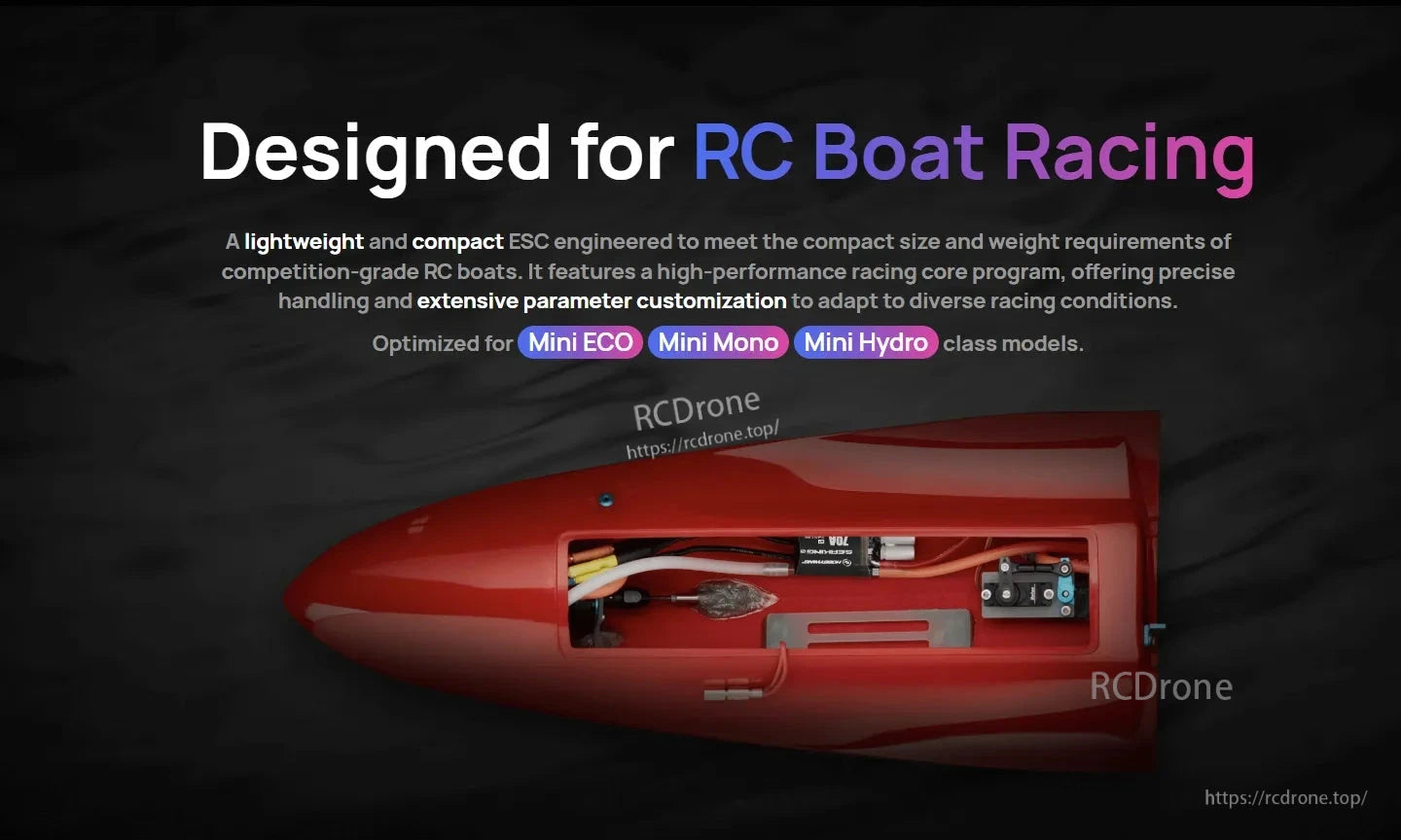 Hobbywing SeaKing Pro 70A G2 Boat ESC, Banner for Hobbywing SeaKing Pro boat ESC designed for RC boat racing, with a red RC boat hull showing installed electronics.
