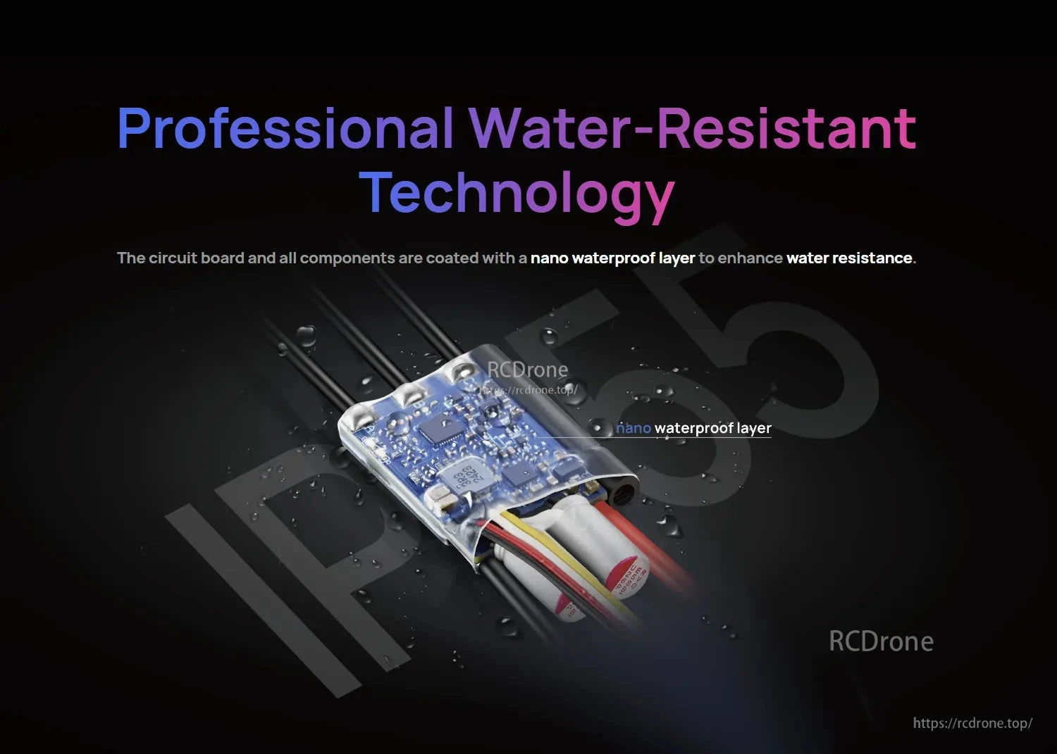 Hobbywing SeaKing Pro 70A G2 Boat ESC, Hobbywing SeaKing Pro boat ESC with coated circuit board and wiring, featuring a nano waterproof layer for water resistance