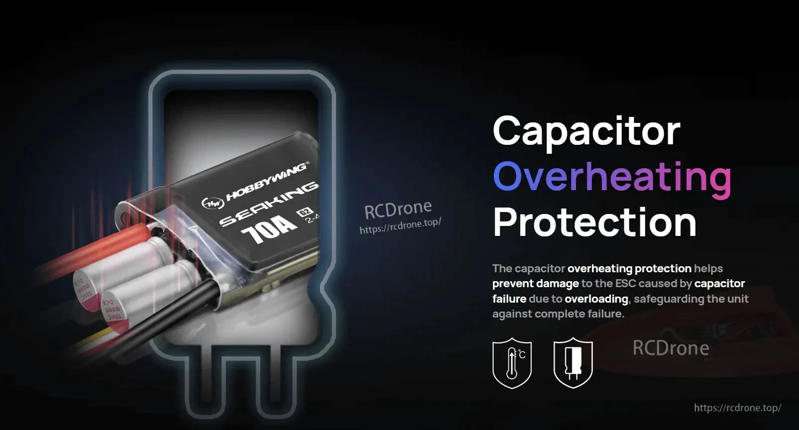 Hobbywing SeaKing Pro 70A G2 Boat ESC, Hobbywing SeaKing 70A G2 boat ESC with capacitor overheating protection callout and heavy-gauge power leads