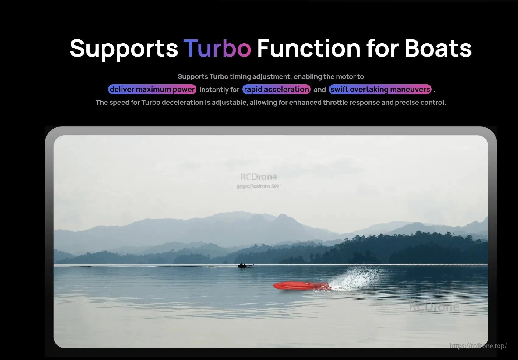 Hobbywing SeaKing Pro 70A G2 Boat ESC, Promotional graphic for Hobbywing SeaKing Pro boat ESC highlighting Turbo timing adjustment for rapid acceleration