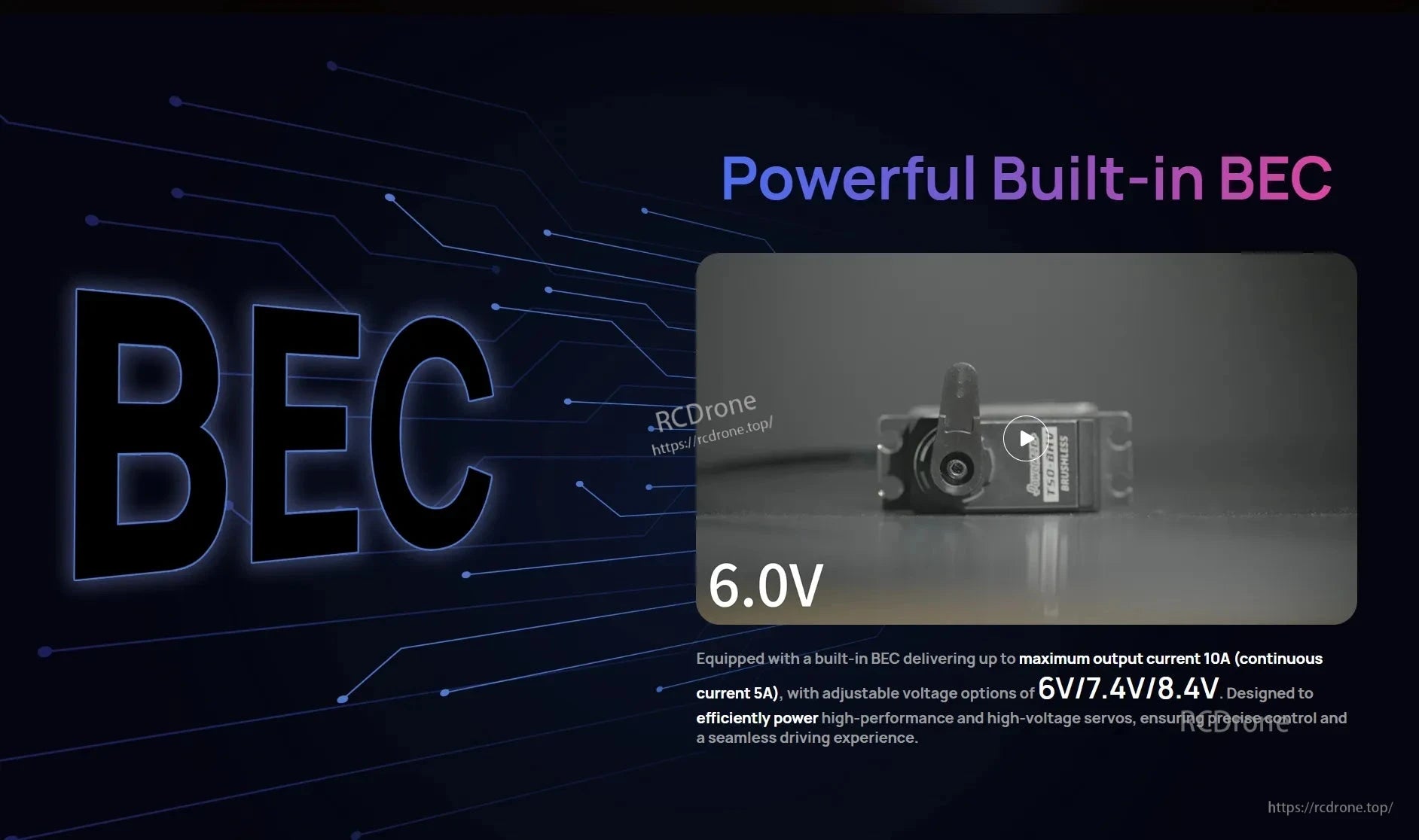 Hobbywing SeaKing Pro 70A G2 Boat ESC, Hobbywing SeaKing Pro boat ESC graphic highlighting built-in BEC with 6.0V, 7.4V, or 8.4V options