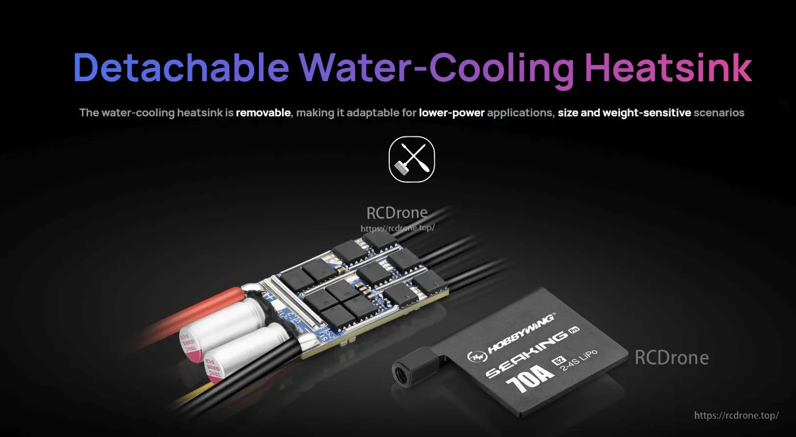 Hobbywing SeaKing Pro 70A G2 boat ESC with detachable water-cooling heatsink and exposed circuit board