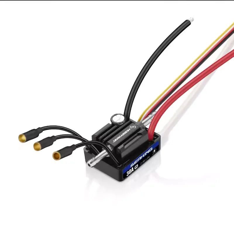 Hobbywing SeaKing V4 30A Sensorless Brushless ESC, Hobbywing SeaKing V4 30A brushless ESC with heatsink, battery leads, and three motor bullet connectors
