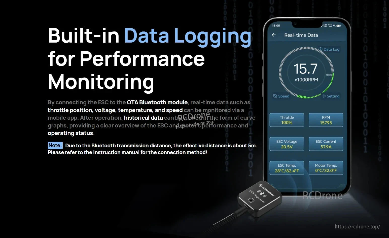 Hobbywing SeaKing V4 30A Sensorless Brushless ESC, Hobbywing SeaKing V4 ESC data logging via OTA Bluetooth module, with mobile app showing real-time RPM and voltage