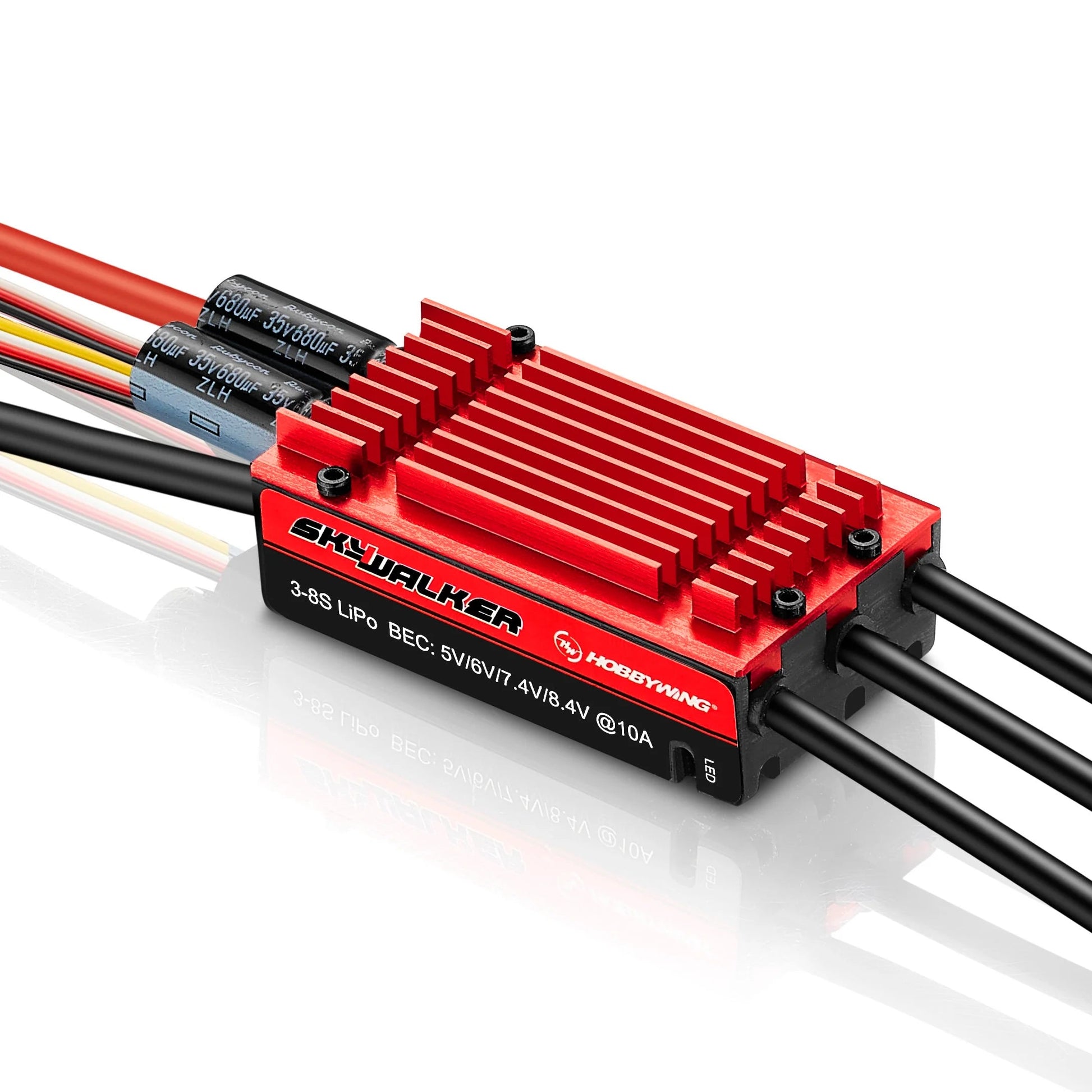 Hobbywing Skywalker 120A V2 UBEC Single ESC, Hobbywing Skywalker ESC with red heatsink, capacitors, and label showing 3–8S LiPo and 5–8.4V BEC @10A